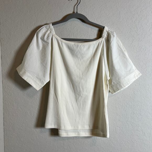 Women's J. Crew Puff ed Sleeve Ribbed Cotton Cream T-Shirt Size XXL NEW - Picture 5 of 6